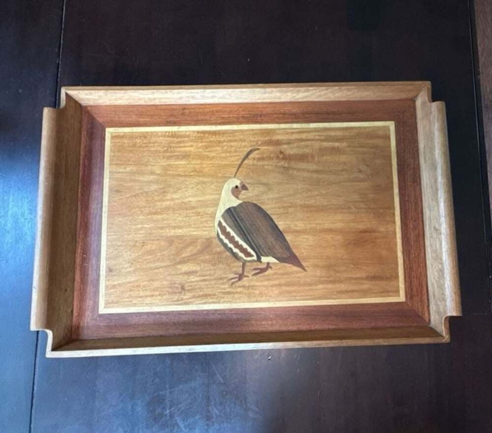Vintage Handcrafted Wooden Marquetry Serving Tray with Inlaid Quail Design